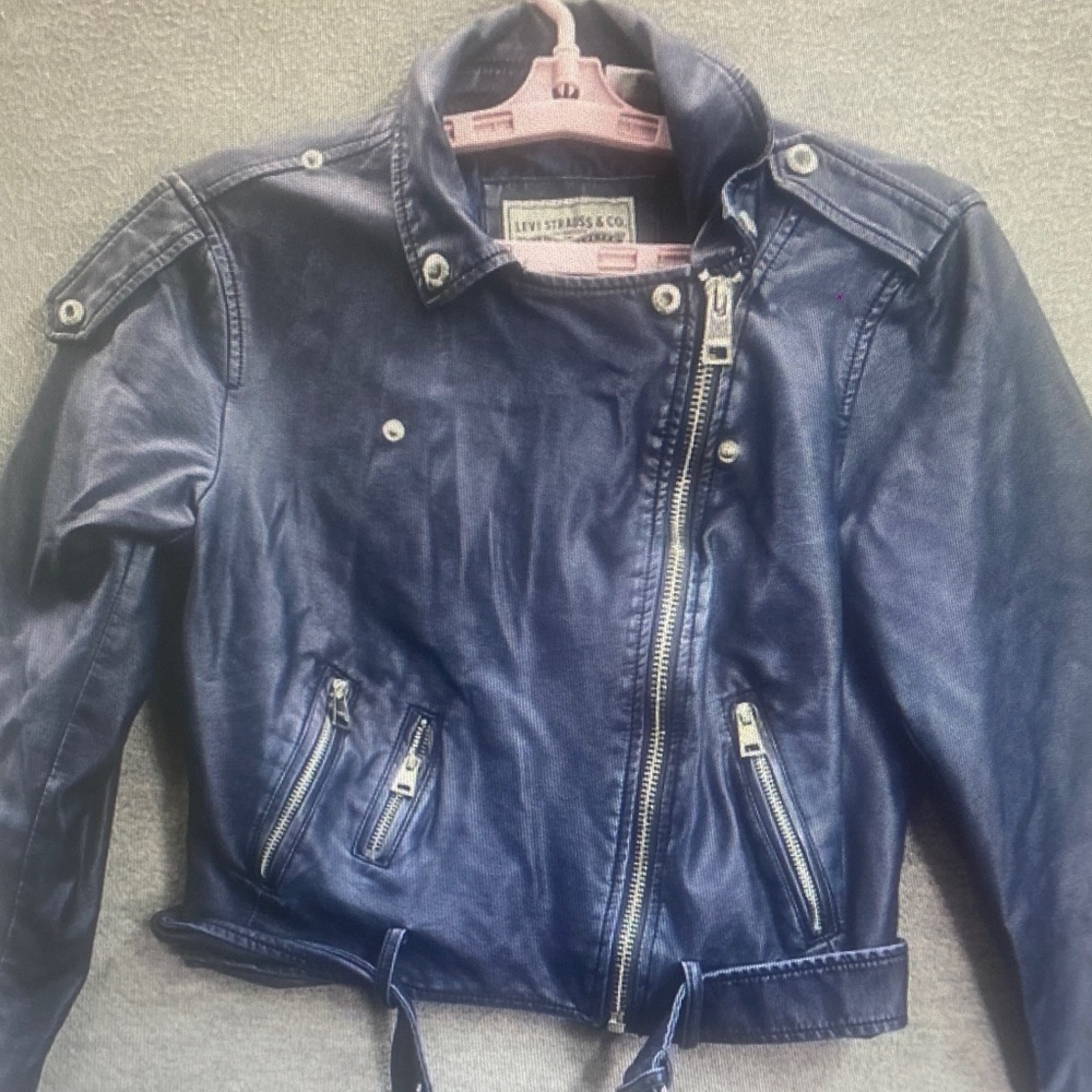 Levi's Women Jacket S Blue Moto Western Buckle Faux Leather Belted Collar Crop